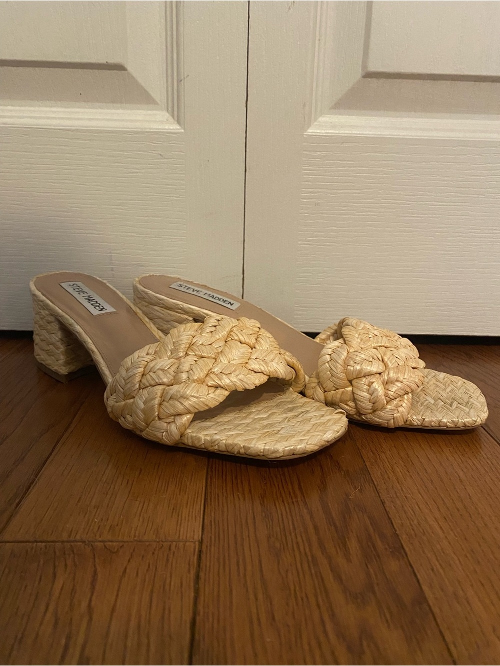 Steve Madden Braided Tan Raffia Block Heel Slides
